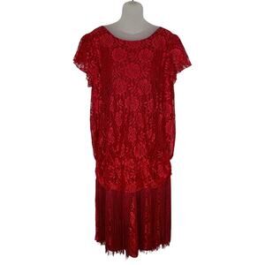 Vintage 80s Does 20s Fringe Lace Flapper Gatsby Costume Party Red Dress L/XL